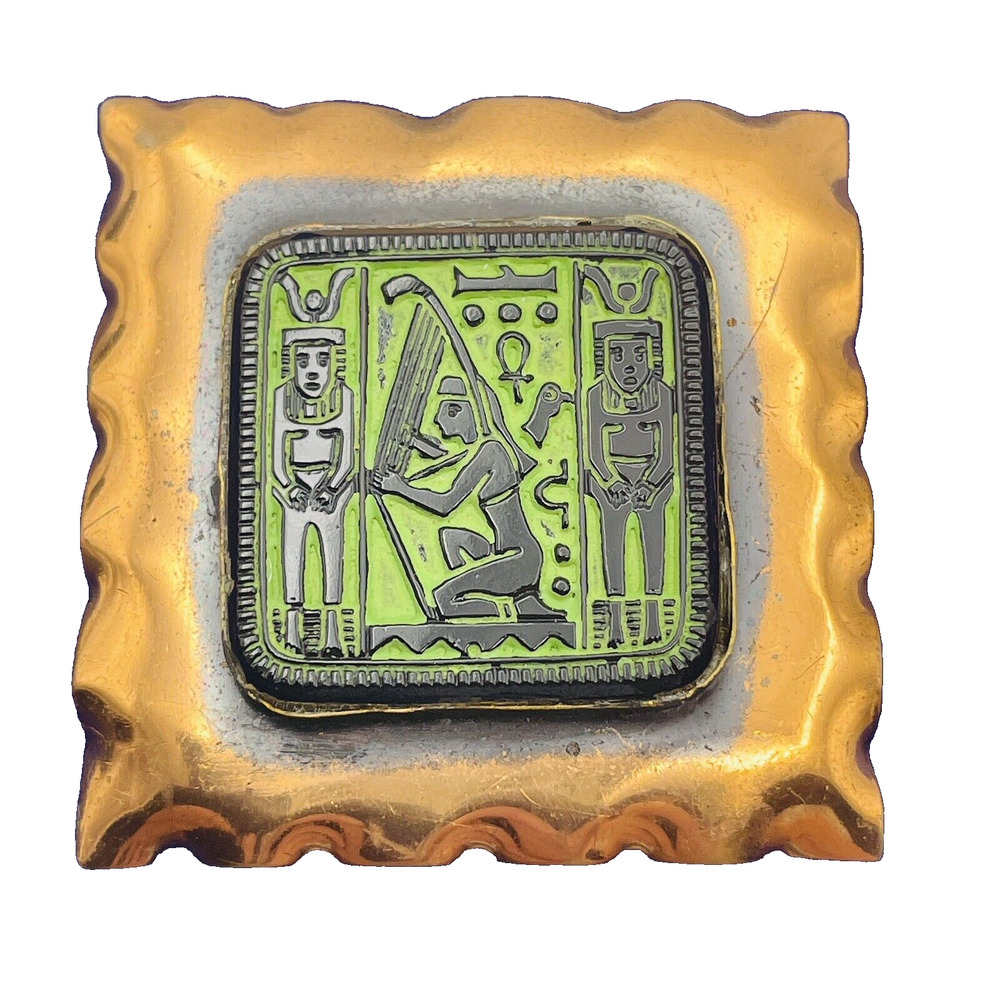VTG Copper Egyptian Revival Brooch Square Glass Pin Green Black Raised Relief